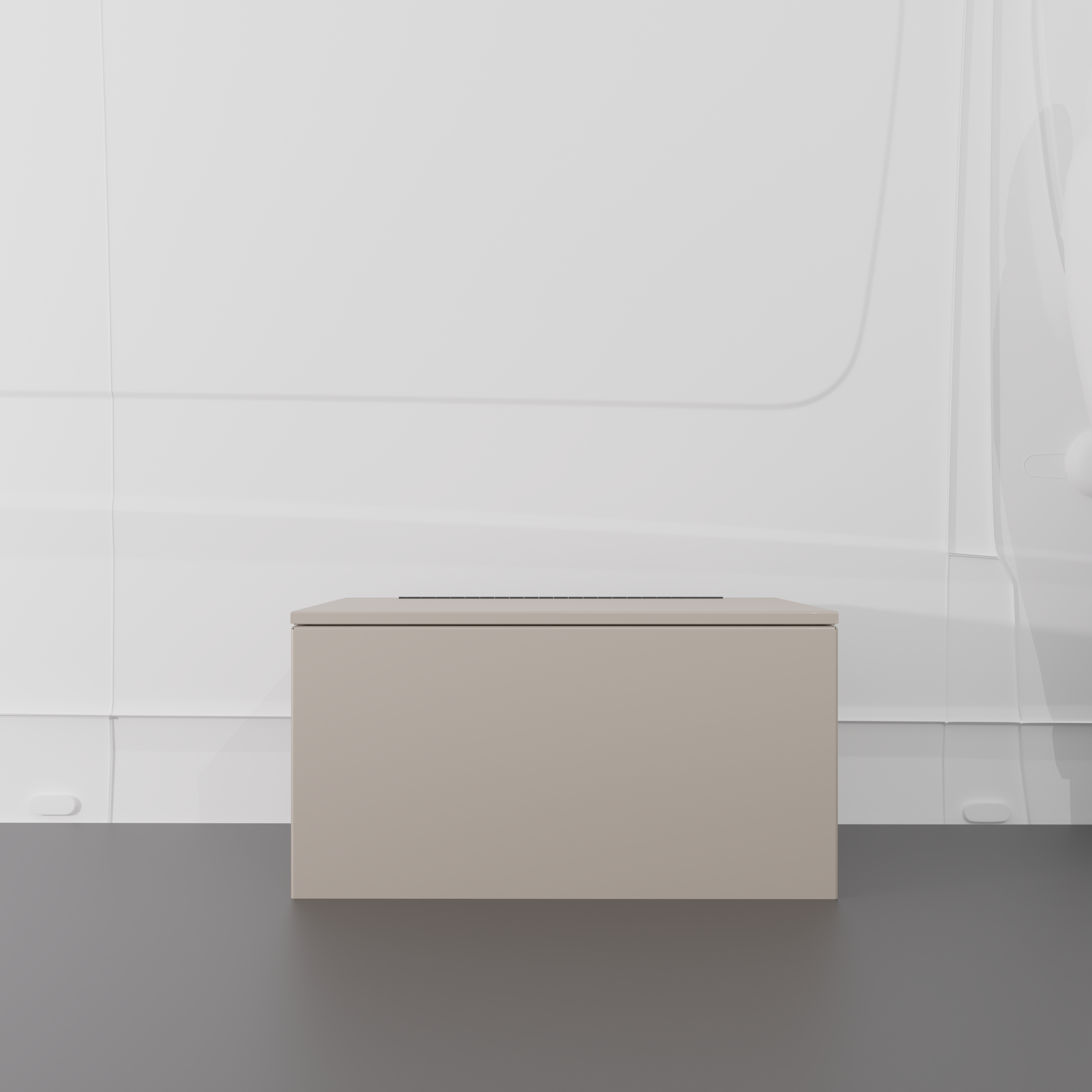 Sandstone 30" x 22” x 16” aluminum storage bench with flip-top lid installed in a van interior.

