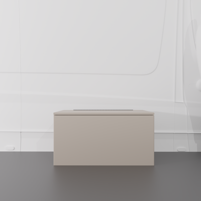 Sandstone 30" x 22” x 16” aluminum storage bench with flip-top lid installed in a van interior.
