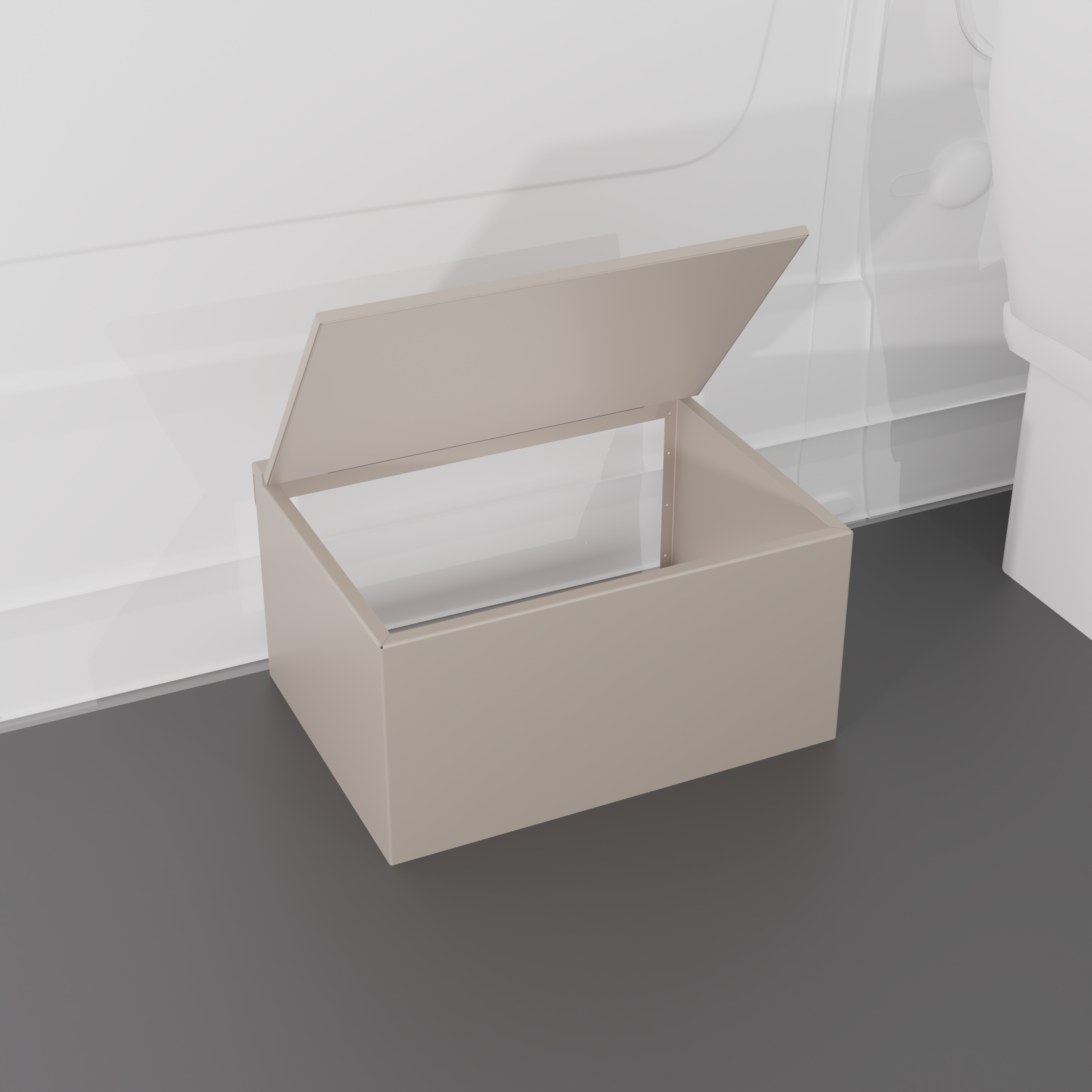Sandstone 30" x 22” x 16” aluminum storage bench with flip-top lid installed in a van interior.

