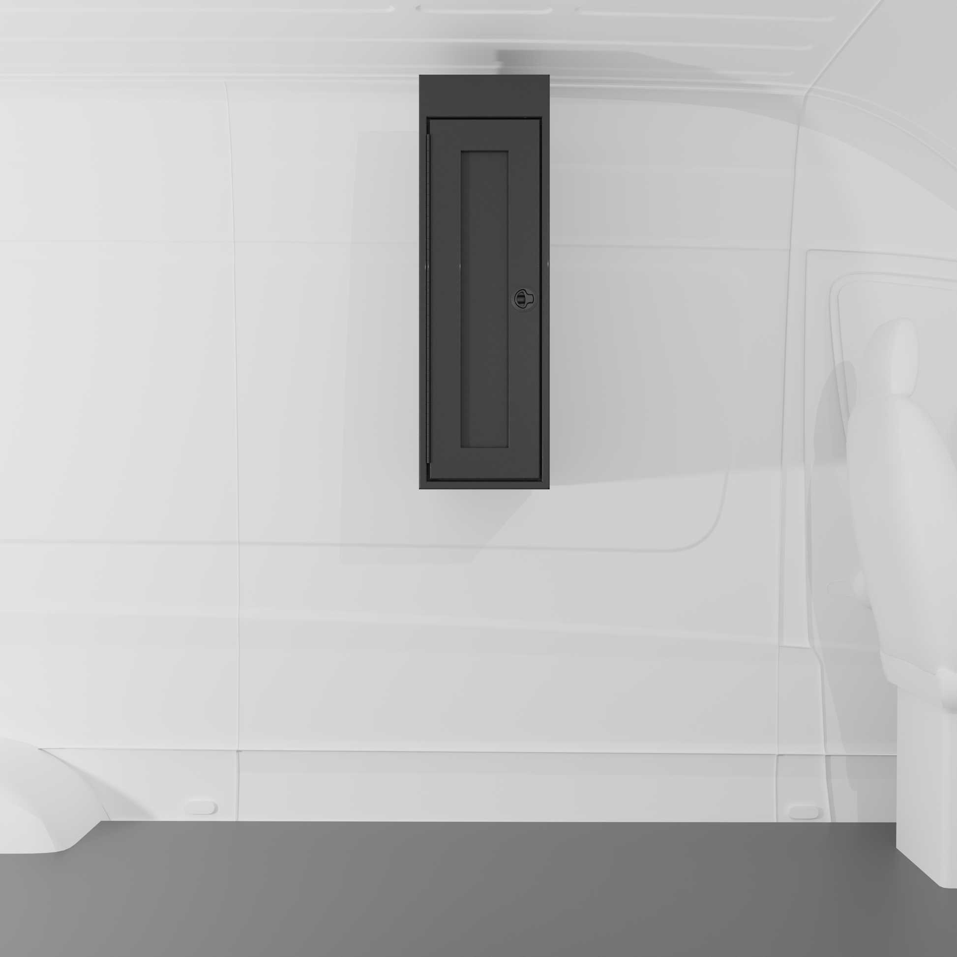 Black 12-inch wide vertical aluminum upper van closet showing a single shaker-style door with flush slam latch installed in van.