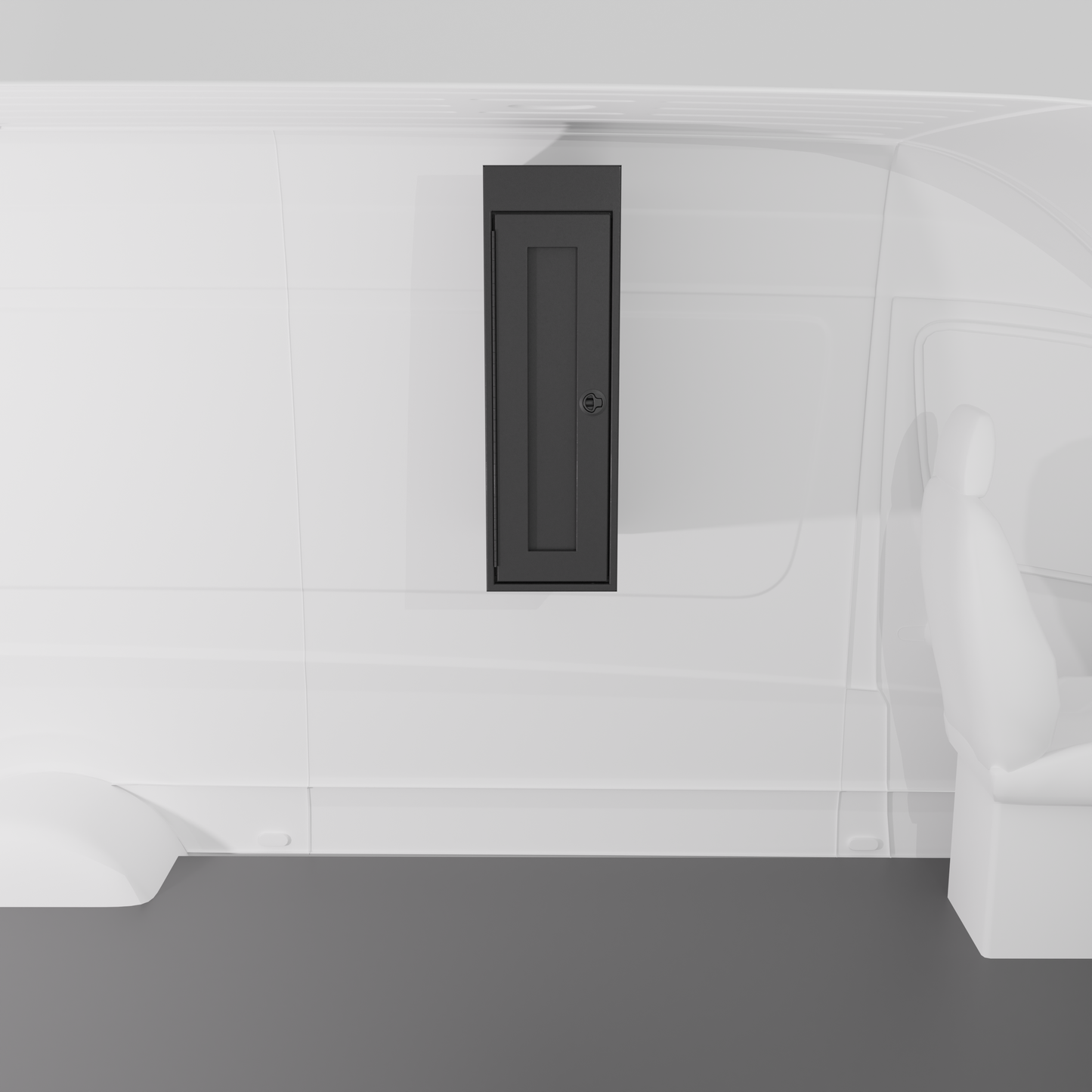 Black 12-inch wide vertical aluminum upper van closet showing a single shaker-style door with flush slam latch installed in van.