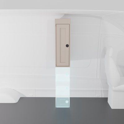 Sandstone 12-inch wide vertical aluminum upper van closet showing a single shaker-style door with flush slam latch installed in van.