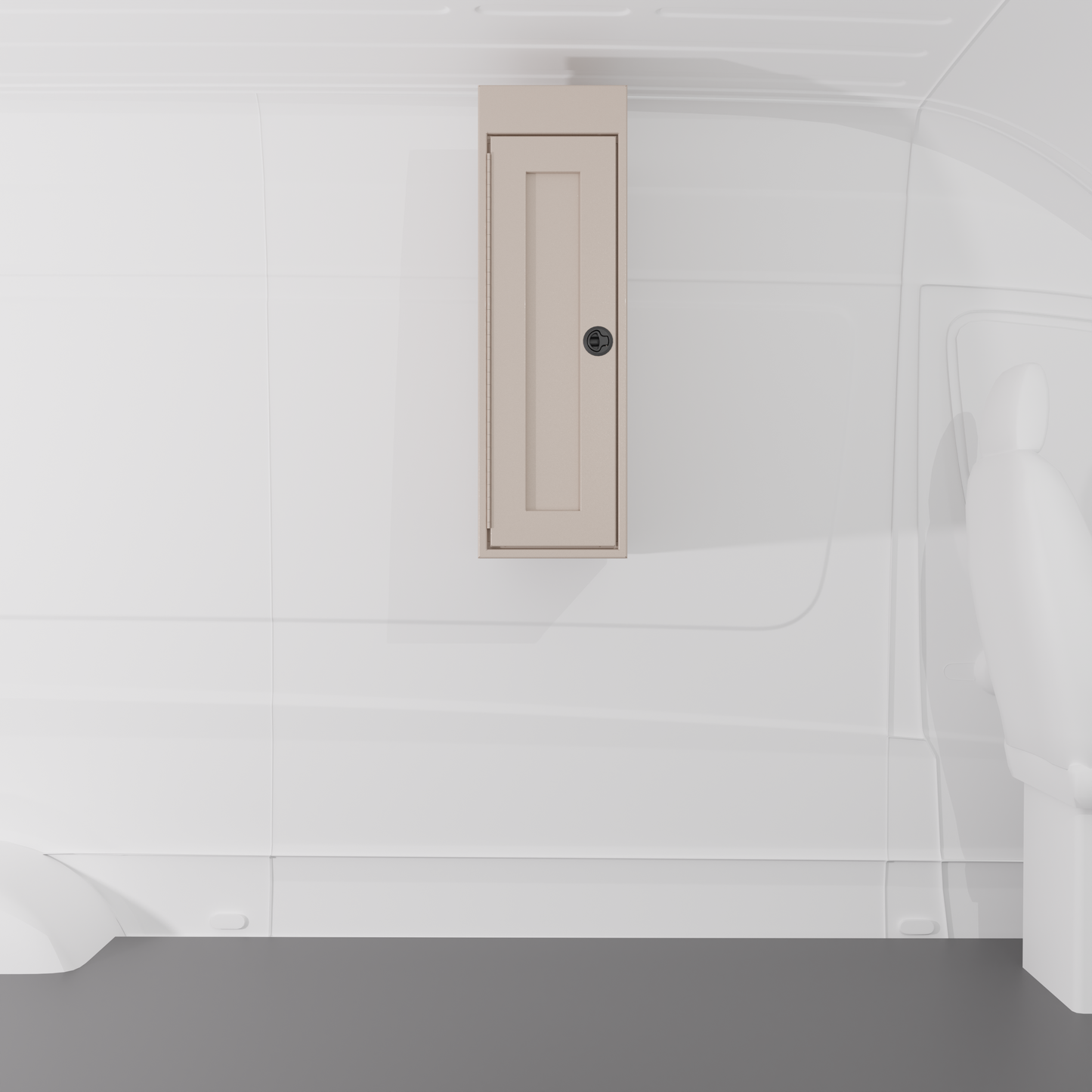 Sandstone 12-inch wide vertical aluminum upper van closet showing a single shaker-style door with flush slam latch installed in van.
