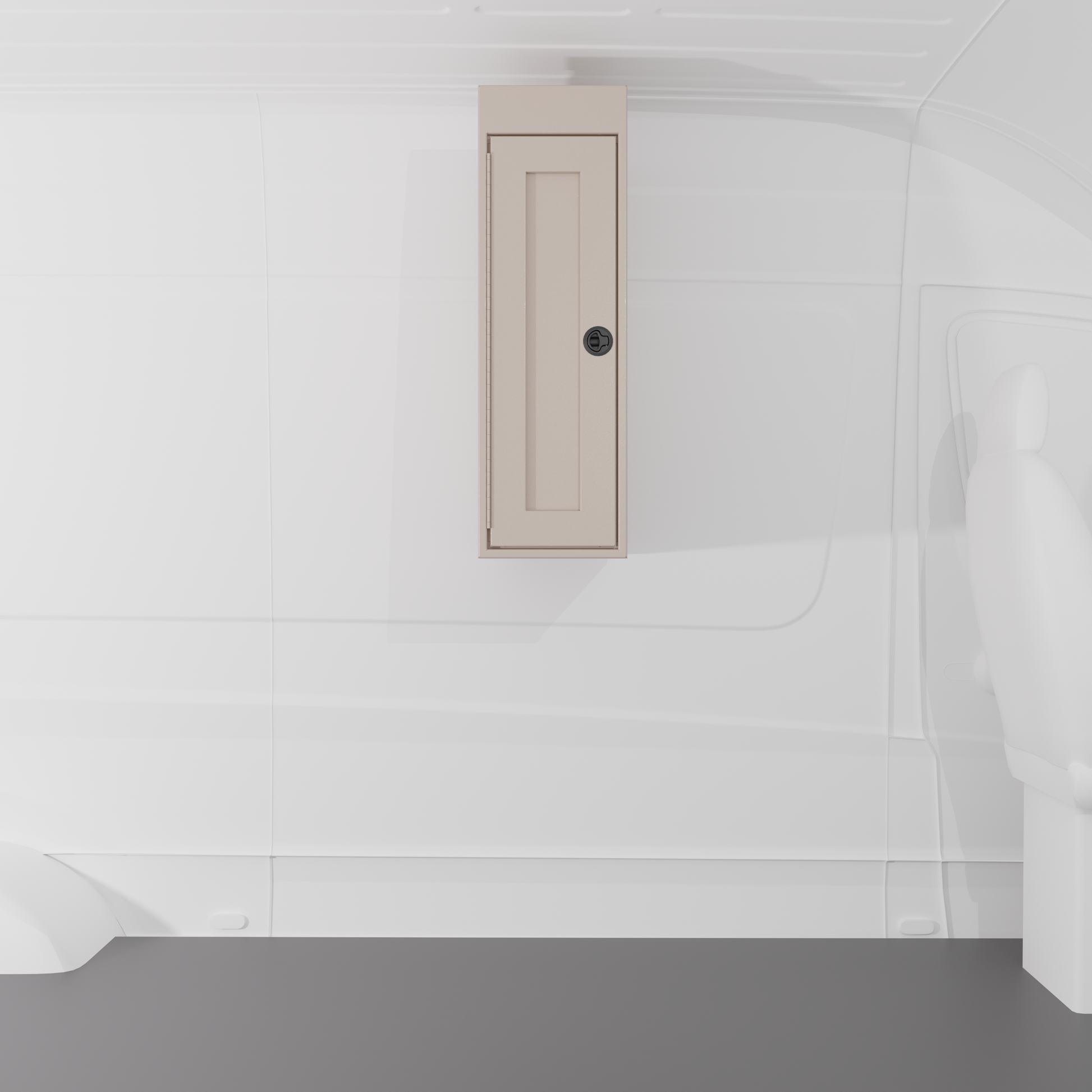 Sandstone 12-inch wide vertical aluminum upper van closet showing a single shaker-style door with flush slam latch installed in van.