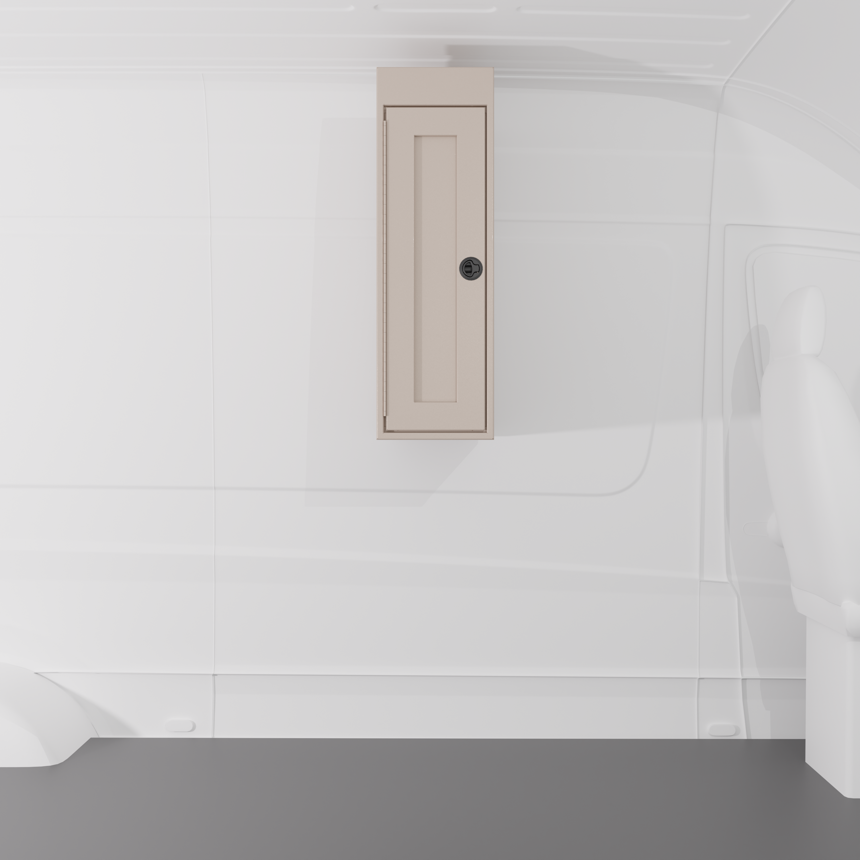 Sandstone 12-inch wide vertical aluminum upper van closet showing a single shaker-style door with flush slam latch installed in van.