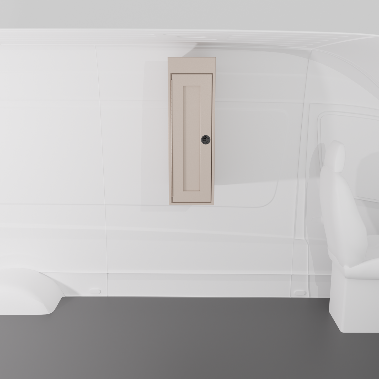 Sandstone 12-inch wide vertical aluminum upper van closet showing a single shaker-style door with flush slam latch installed in van.