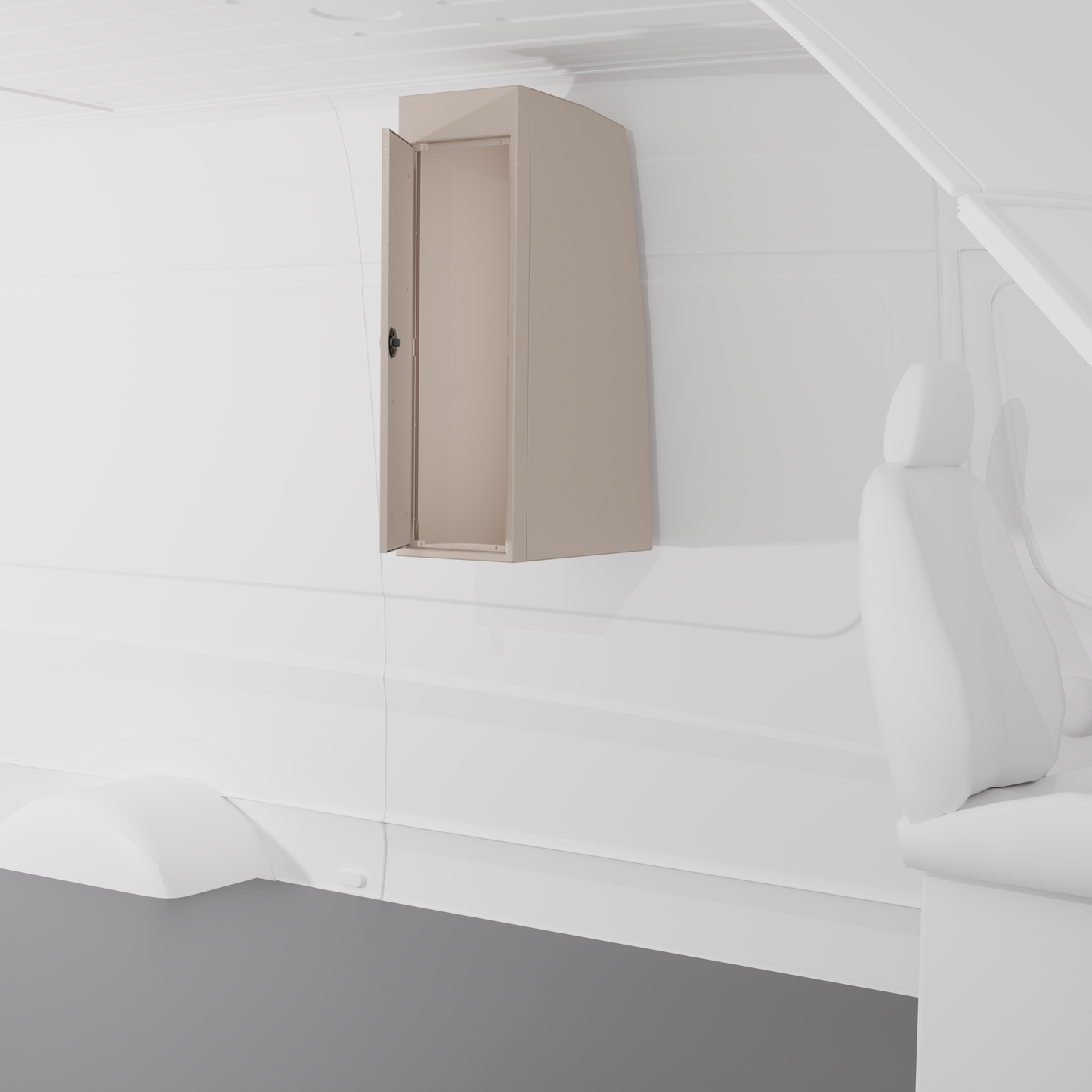 Sandstone 12-inch wide vertical aluminum upper van closet showing a single shaker-style door with flush slam latch installed in van.