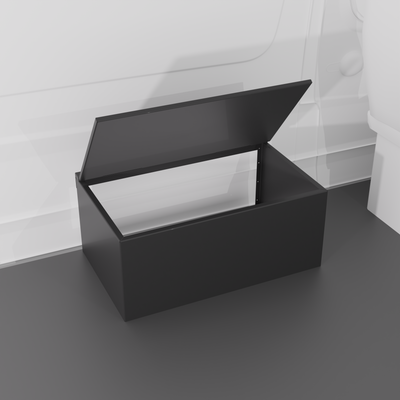 Black 36" x 22” x 16” aluminum storage bench with flip-top lid installed in a van interior.
