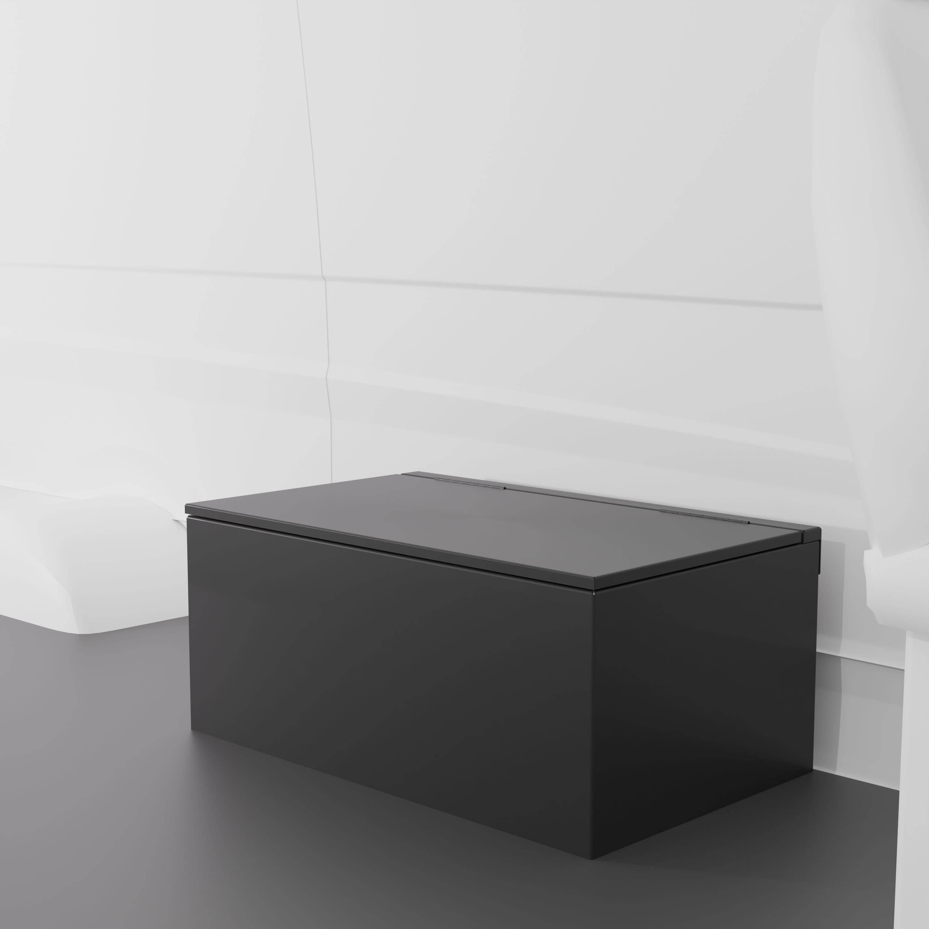 Black 36" x 22” x 16” aluminum storage bench with flip-top lid installed in a van interior.
