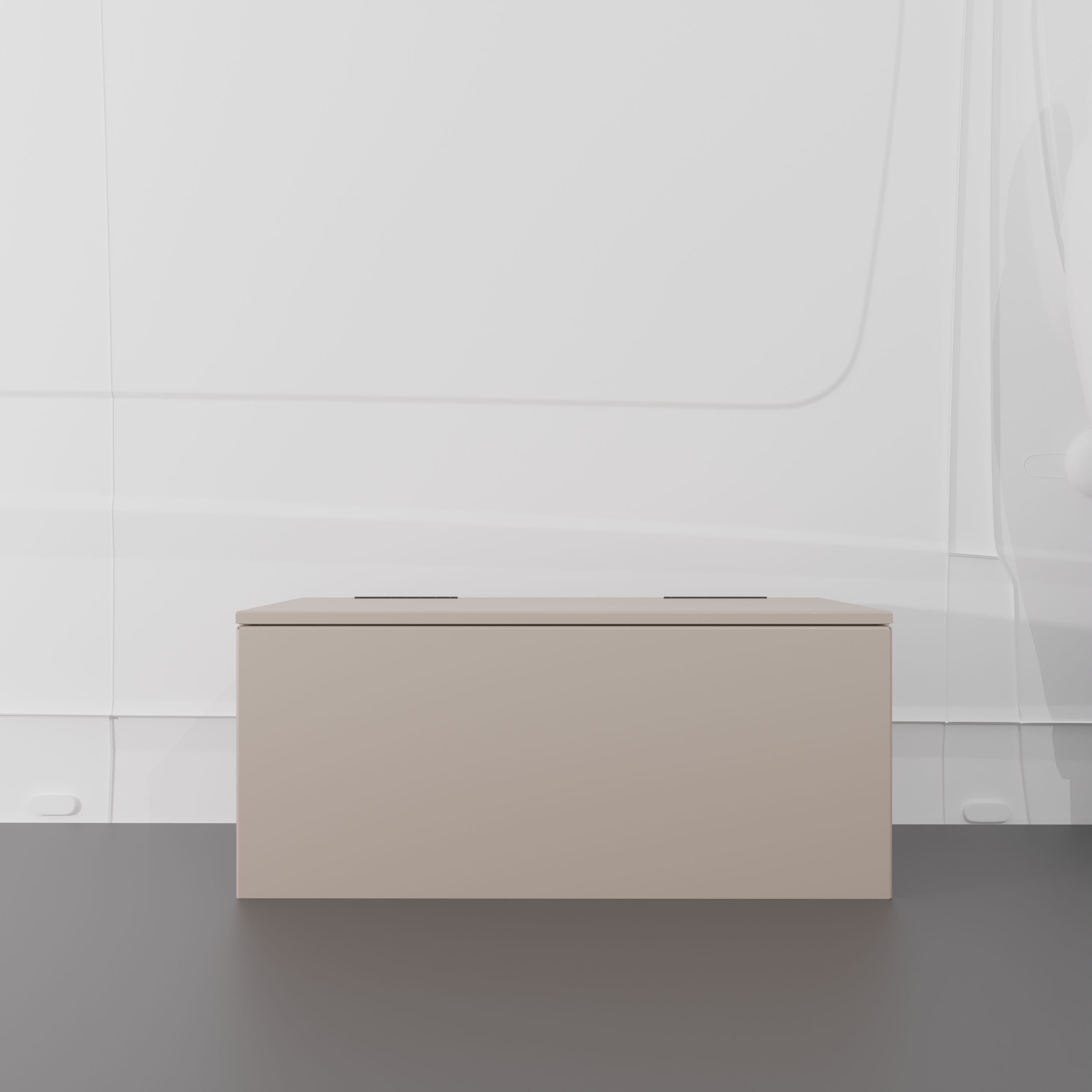 Sandstone 36" x 22” x 16” aluminum storage bench with flip-top lid installed in a van interior.
