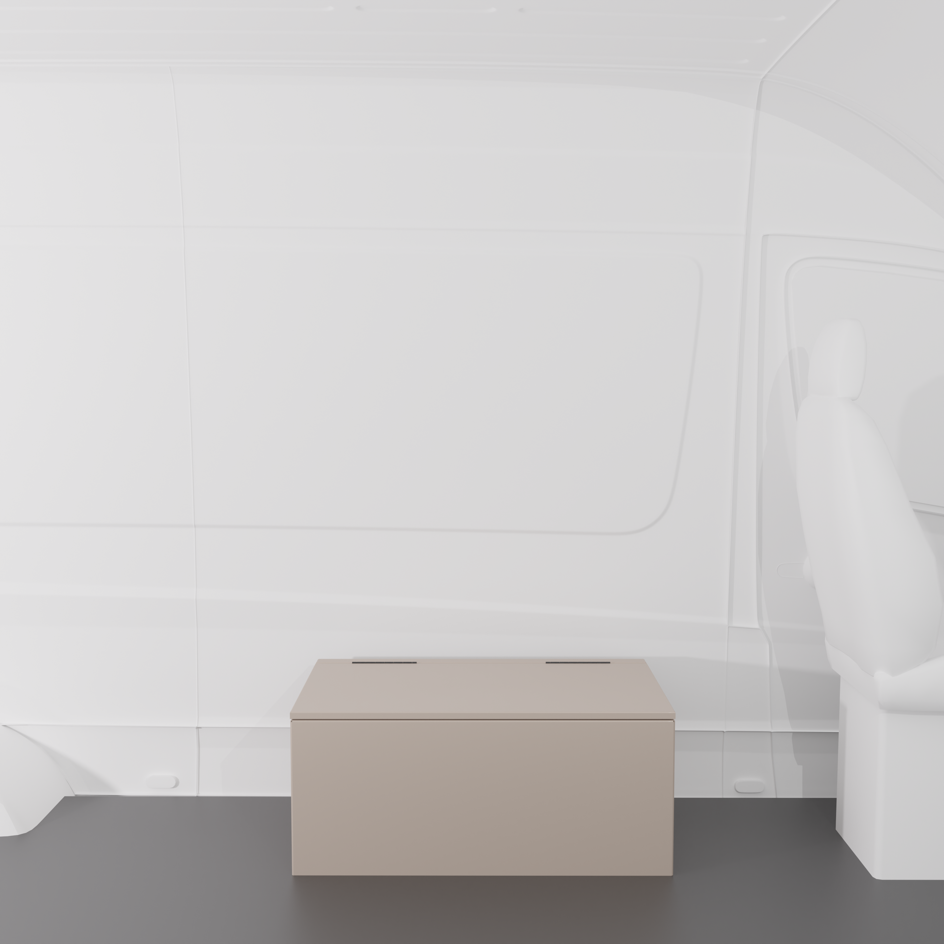 Sandstone 36" x 22” x 16” aluminum storage bench with flip-top lid installed in a van interior.
