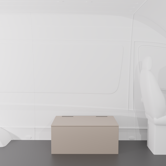 Sandstone 36" x 22” x 16” aluminum storage bench with flip-top lid installed in a van interior.
