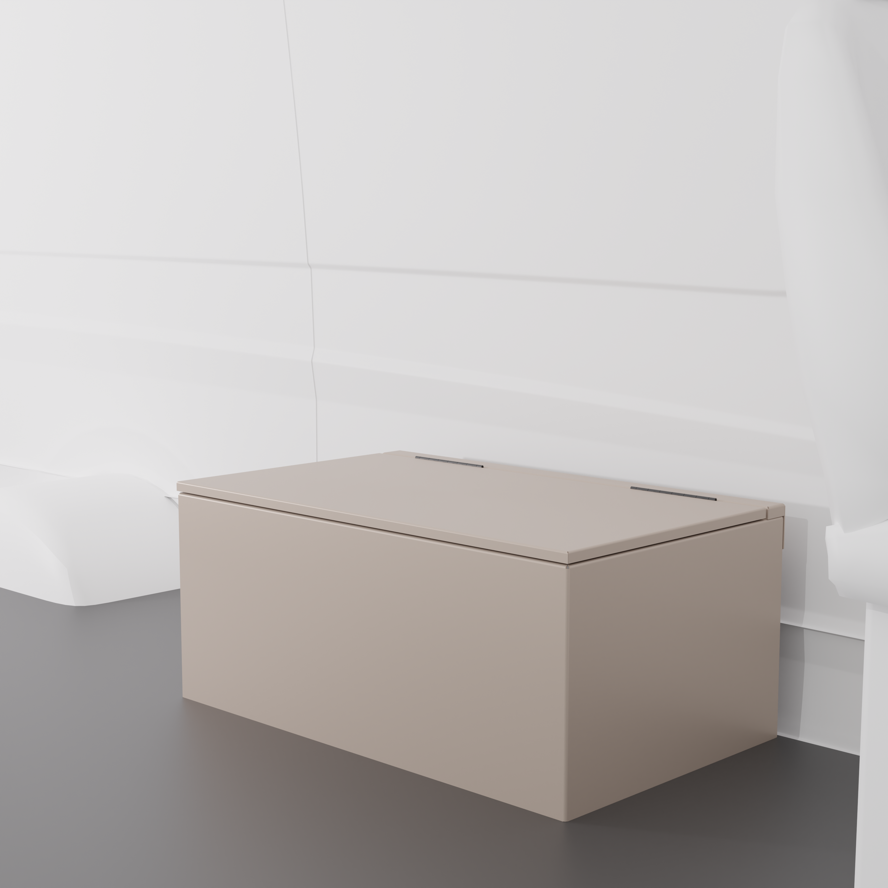 Sandstone 36" x 22” x 16” aluminum storage bench with flip-top lid installed in a van interior.
