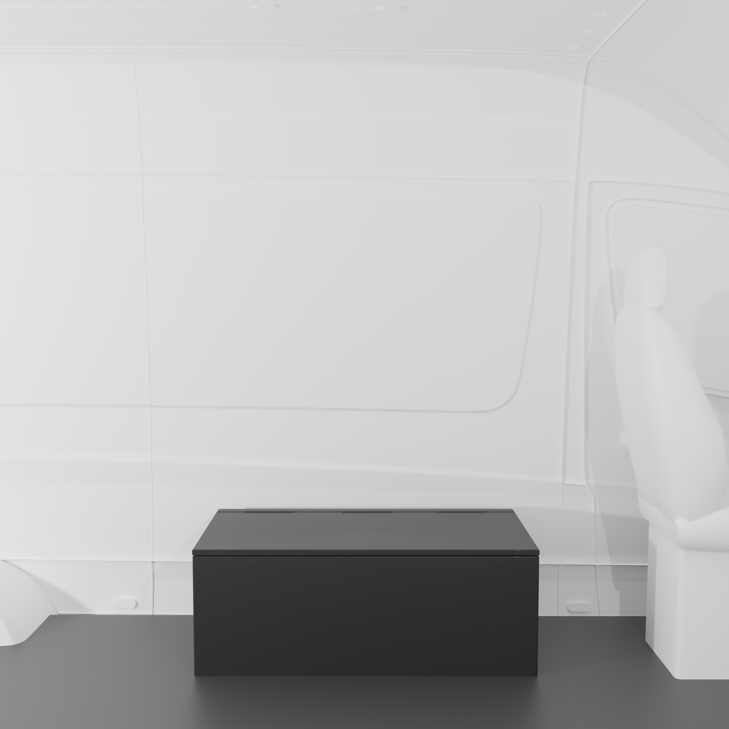 Black 42" x 22” x 16” aluminum storage bench with flip-top lid installed in a van interior.
