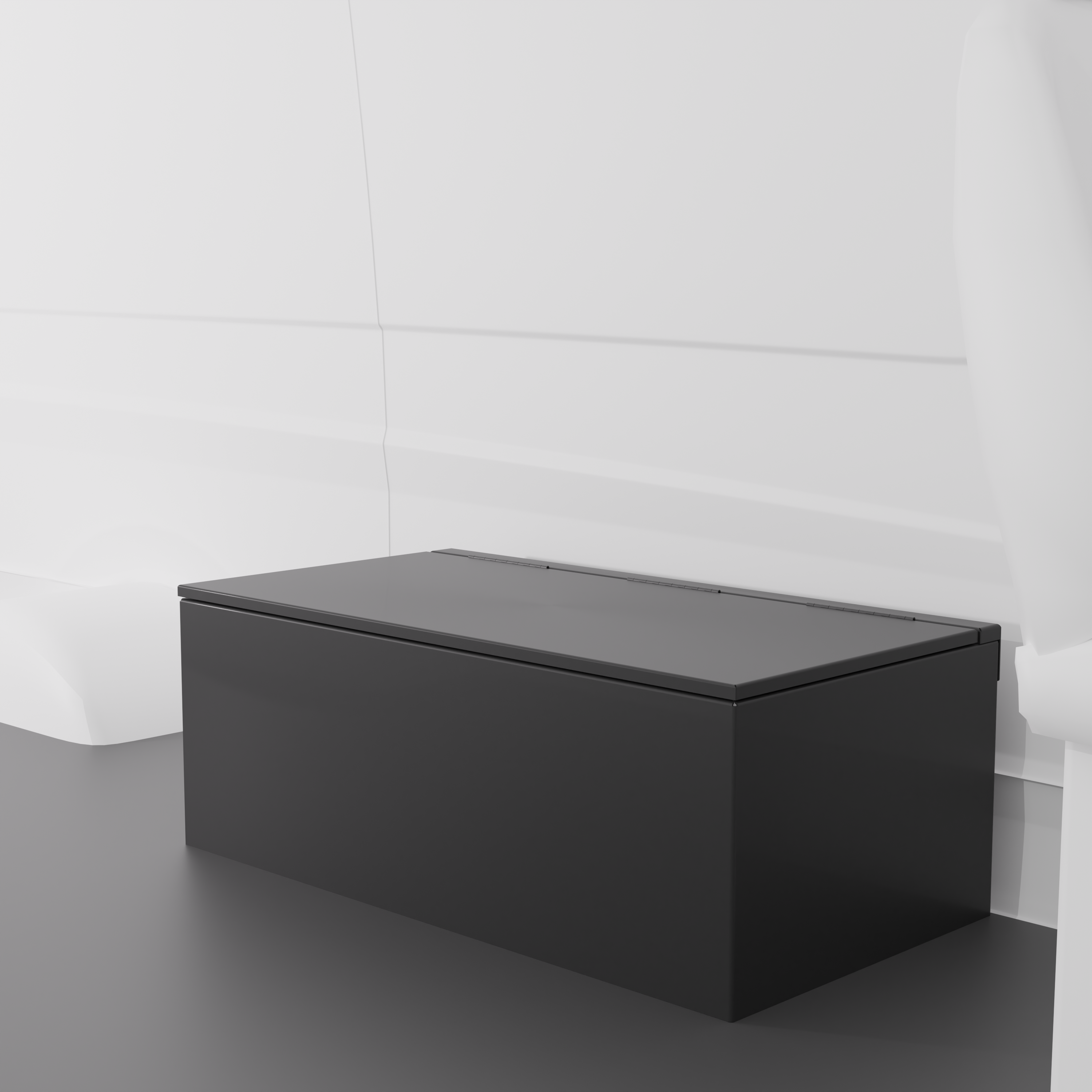 Black 42" x 22” x 16” aluminum storage bench with flip-top lid installed in a van interior.
