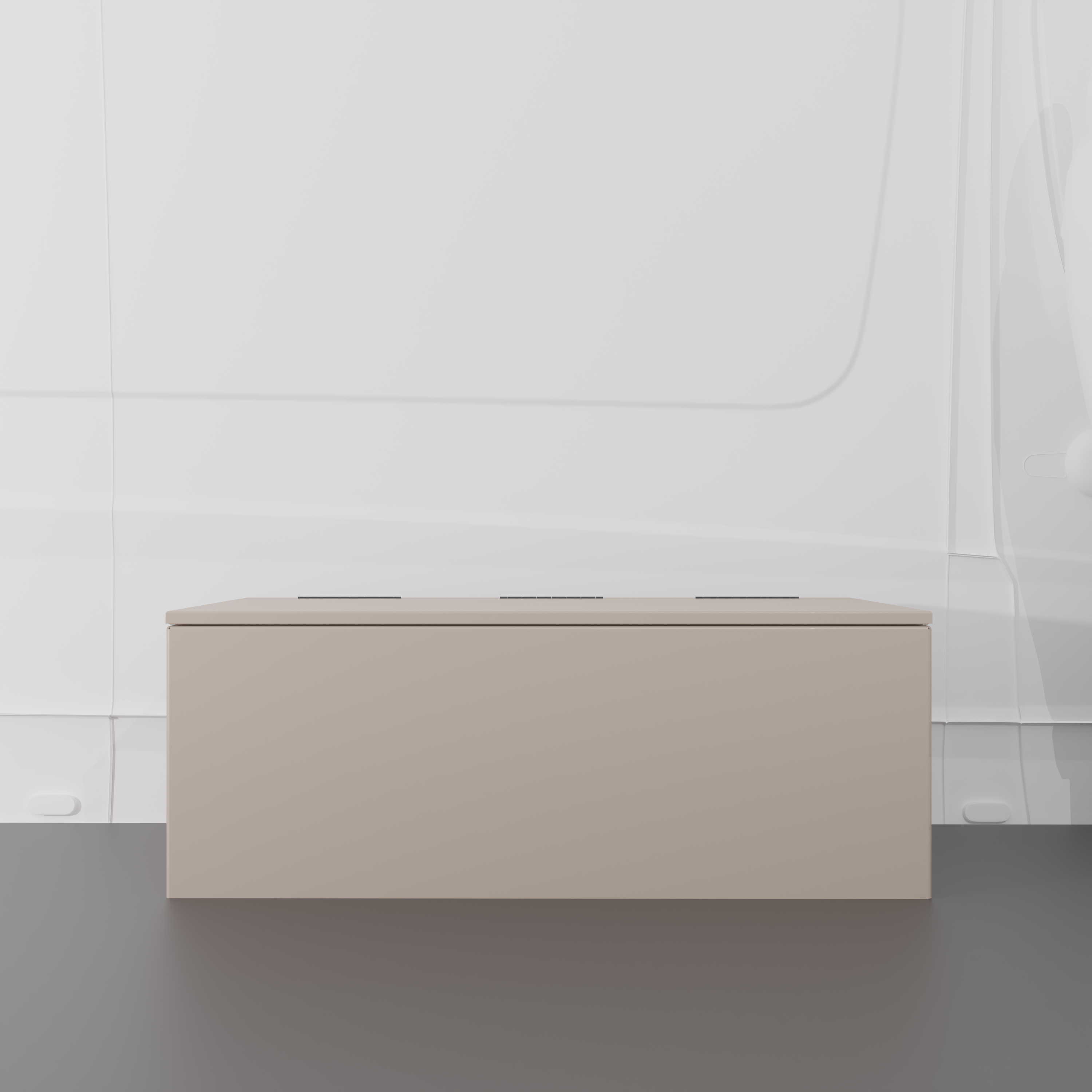 Sandstone 42" x 22” x 16” aluminum storage bench with flip-top lid installed in a van interior.
