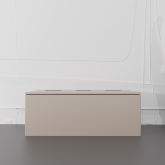 Sandstone 42" x 22” x 16” aluminum storage bench with flip-top lid installed in a van interior.
