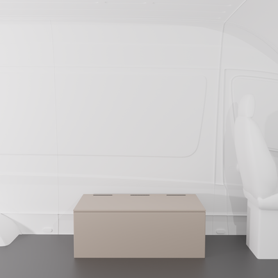 Sandstone 42" x 22” x 16” aluminum storage bench with flip-top lid installed in a van interior.
