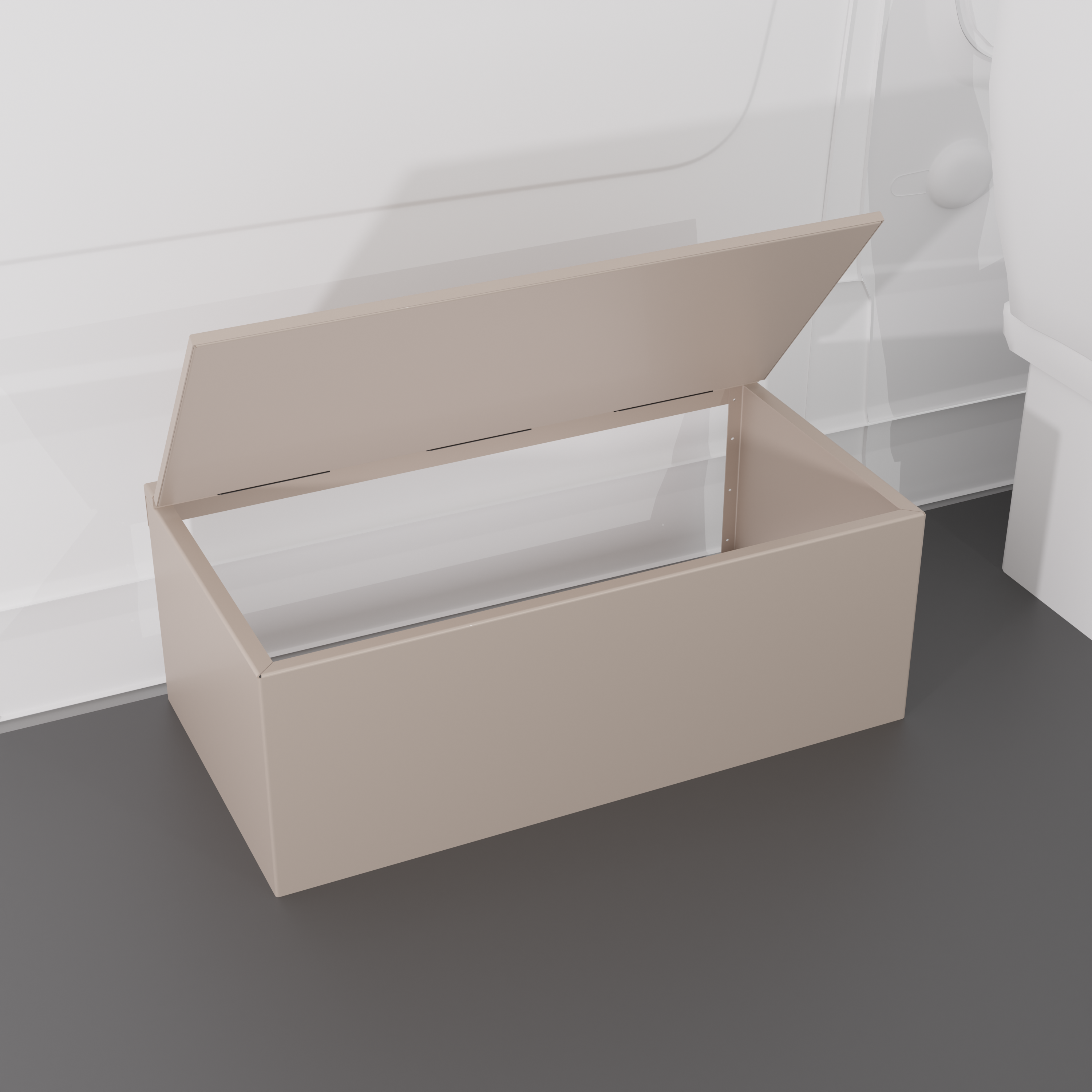 Sandstone 42" x 22” x 16” aluminum storage bench with flip-top lid installed in a van interior.
