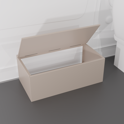 Sandstone 42" x 22” x 16” aluminum storage bench with flip-top lid installed in a van interior.
