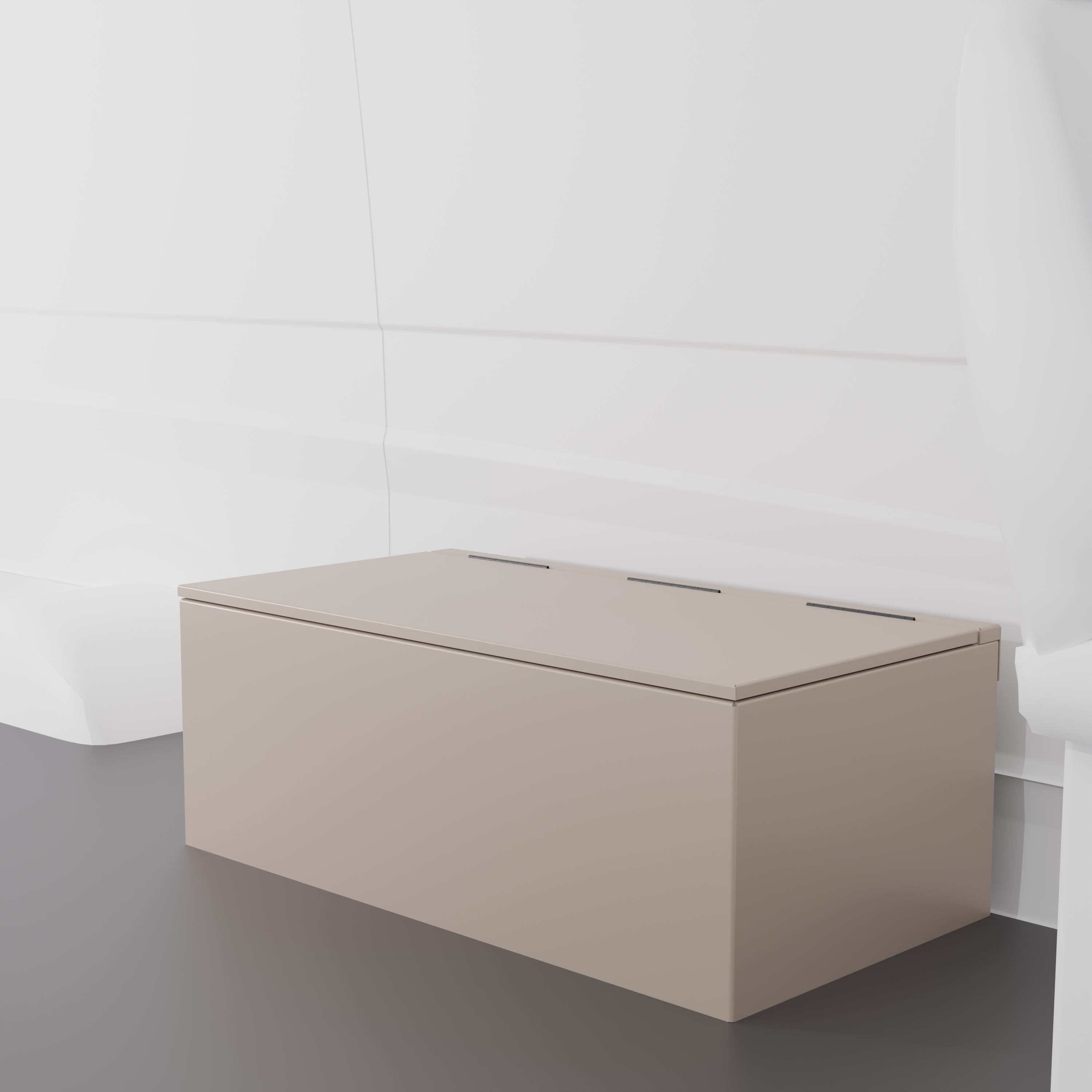 Sandstone 42" x 22” x 16” aluminum storage bench with flip-top lid installed in a van interior.
