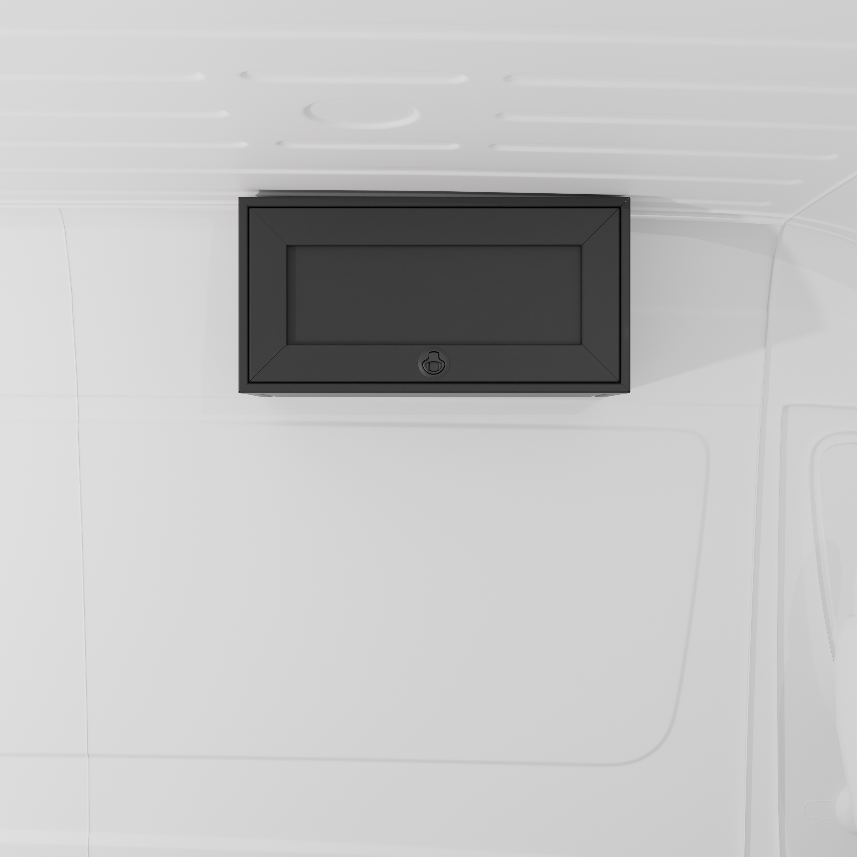 Black 30-inch wide aluminum angled upper Van Wife Components cabinet with a single shaker-style door & flush slam latch mounted in a van