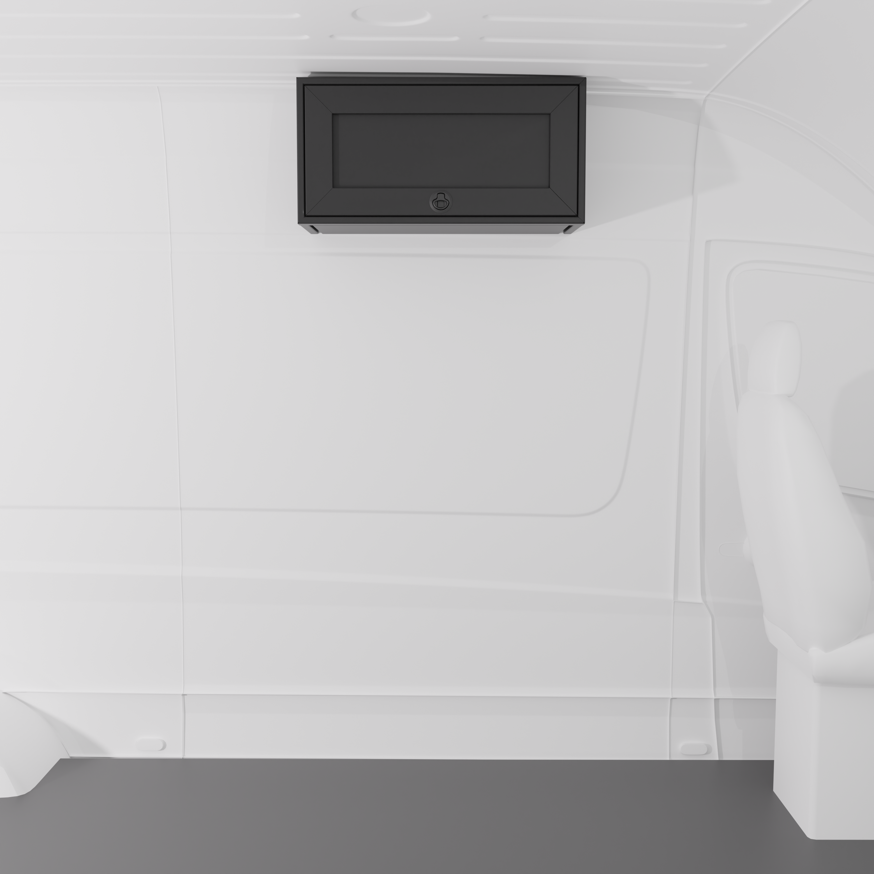 Black 30-inch wide aluminum angled upper Van Wife Components cabinet with a single shaker-style door & flush slam latch mounted in a van