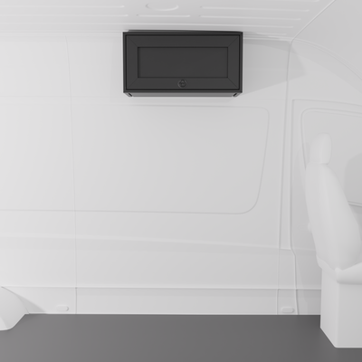 Black 30-inch wide aluminum angled upper Van Wife Components cabinet with a single shaker-style door & flush slam latch mounted in a van