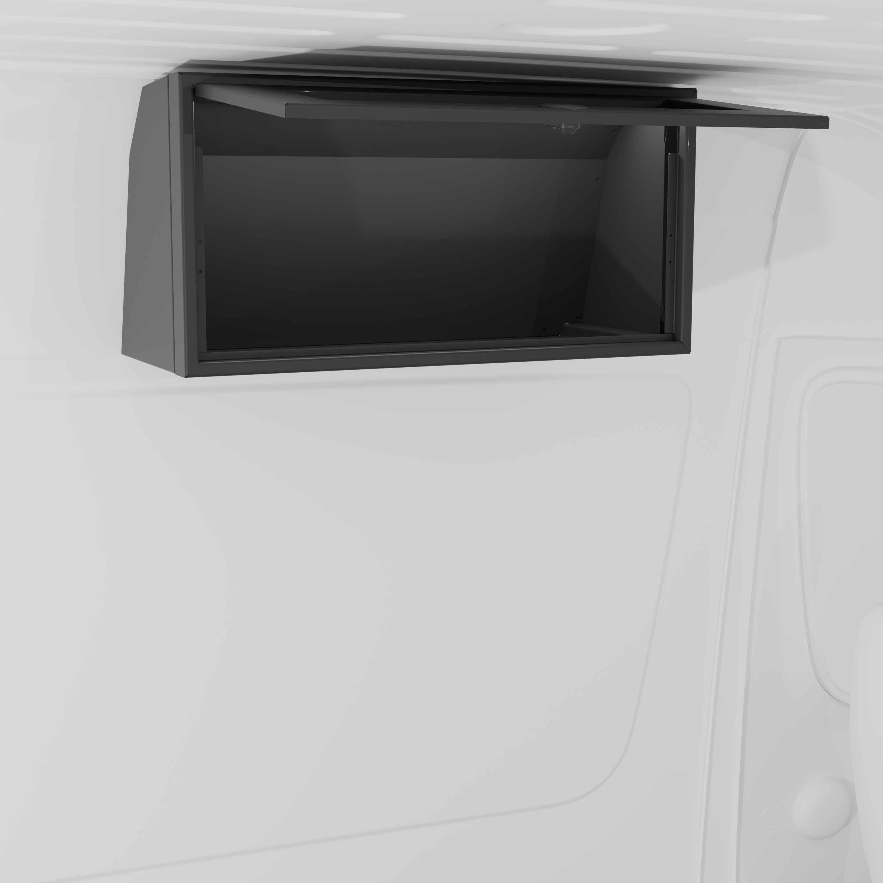 Black 30-inch wide aluminum angled upper Van Wife Components cabinet with a single shaker-style door & flush slam latch mounted in a van