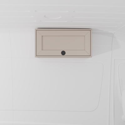 Sandstone 30-inch wide aluminum angled upper Van Wife Components cabinet with a single shaker-style door & flush slam latch mounted in a van