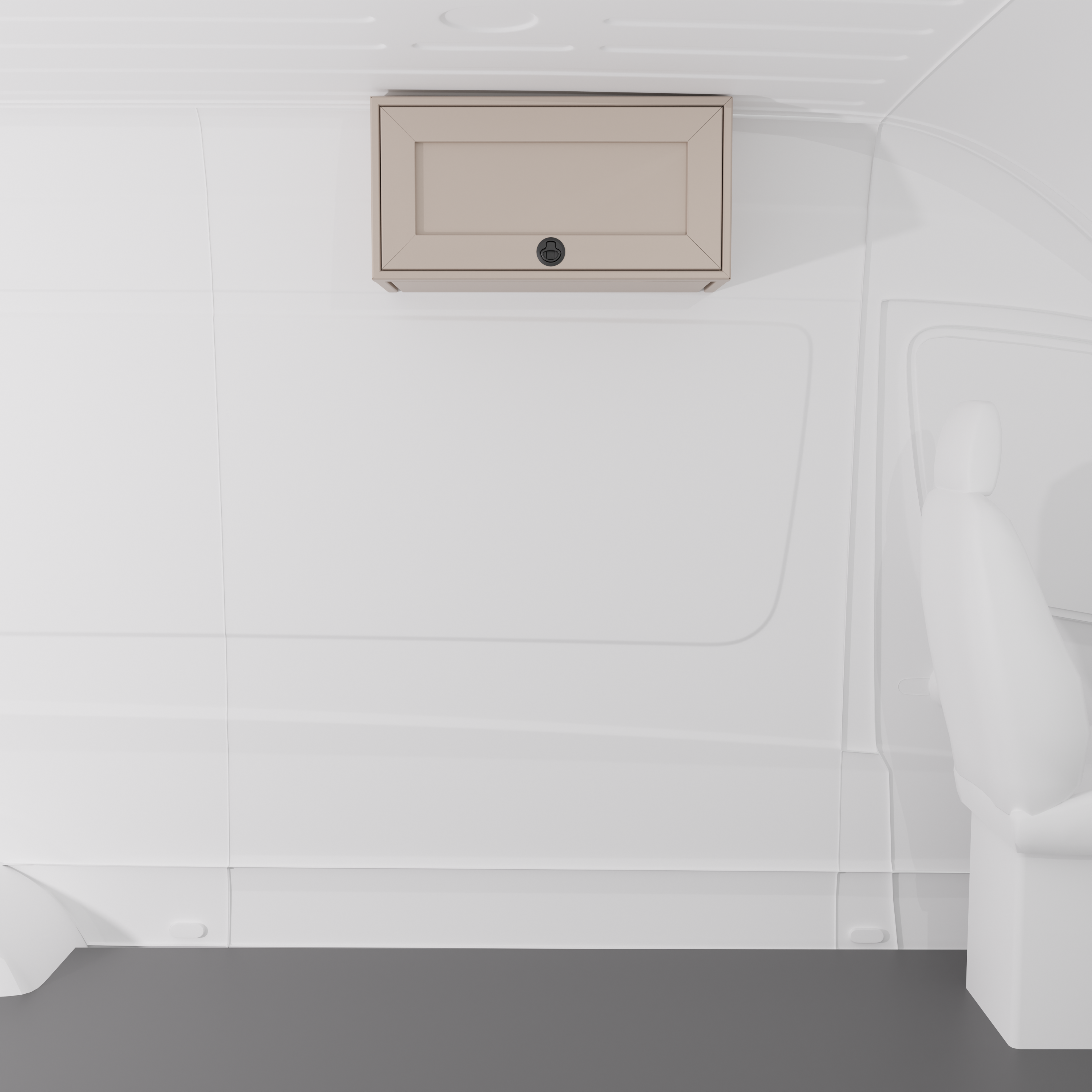 Sandstone 30-inch wide aluminum angled upper Van Wife Components cabinet with a single shaker-style door & flush slam latch mounted in a van
