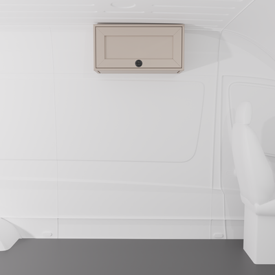 Sandstone 30-inch wide aluminum angled upper Van Wife Components cabinet with a single shaker-style door & flush slam latch mounted in a van