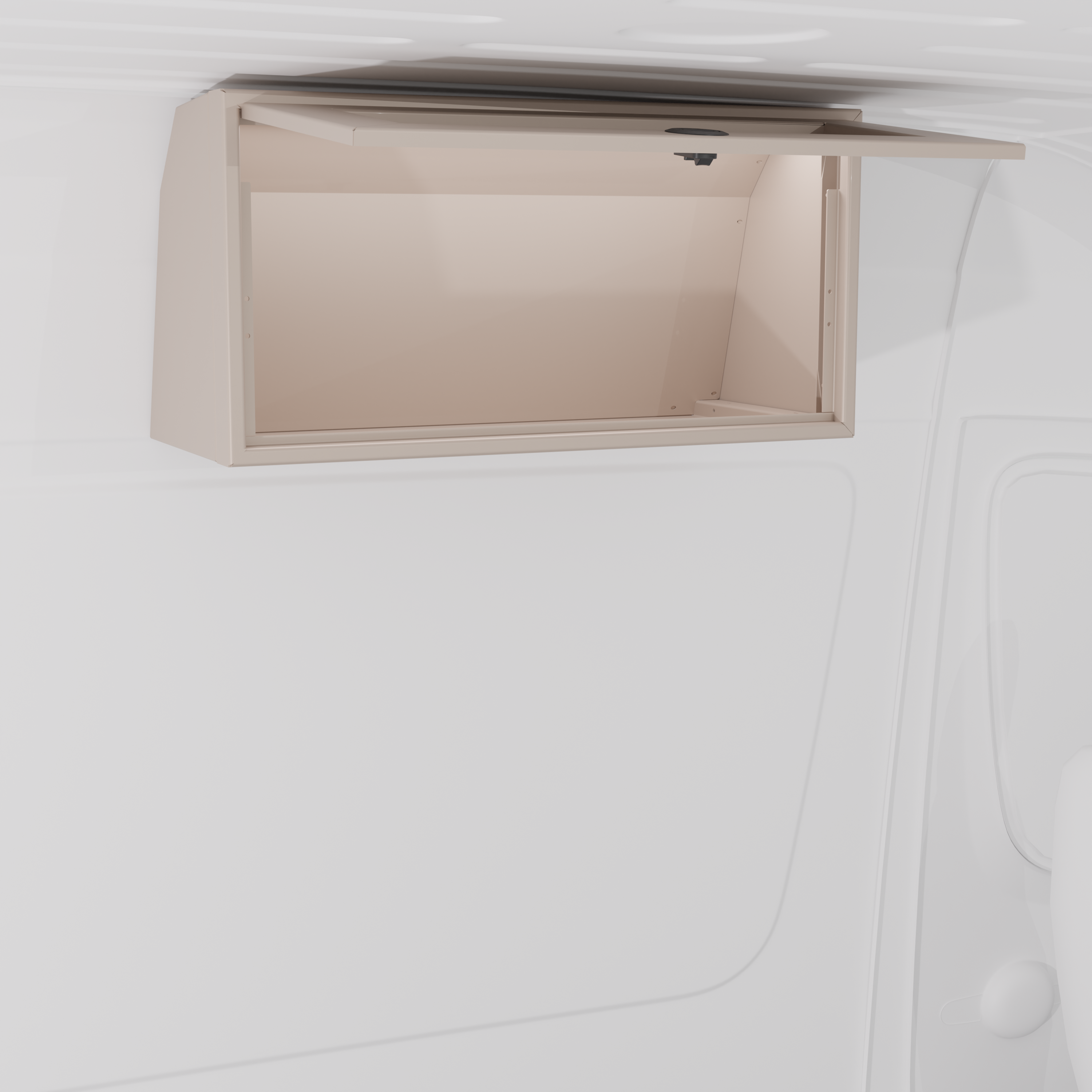 Sandstone 30-inch wide aluminum angled upper Van Wife Components cabinet with a single shaker-style door & flush slam latch mounted in a van
