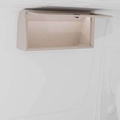 Sandstone 30-inch wide aluminum angled upper Van Wife Components cabinet with a single shaker-style door & flush slam latch mounted in a van