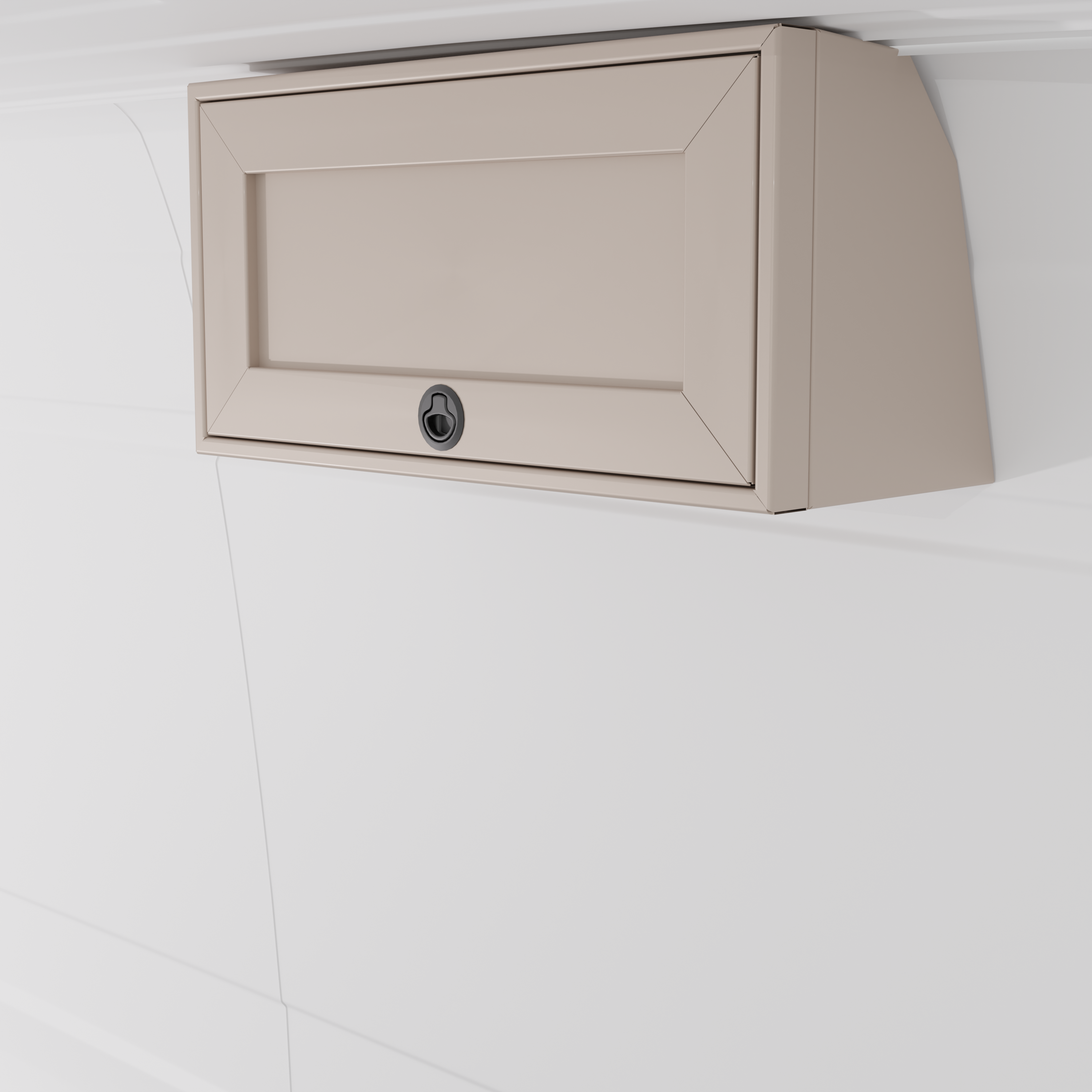 Sandstone 30-inch wide aluminum angled upper Van Wife Components cabinet with a single shaker-style door & flush slam latch mounted in a van