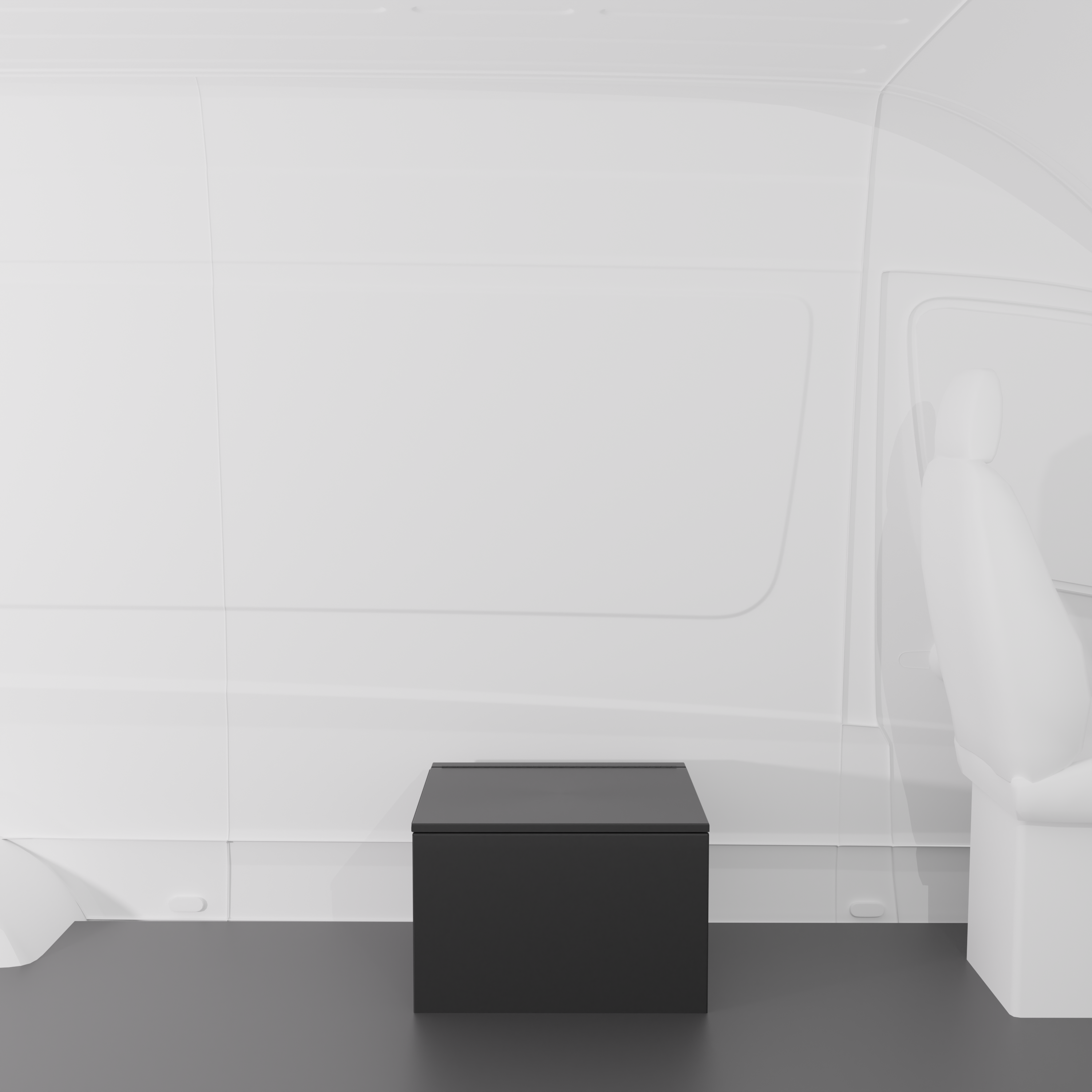 Black 24" x 22” x 16” aluminum storage bench with flip-top lid installed in a van interior.
