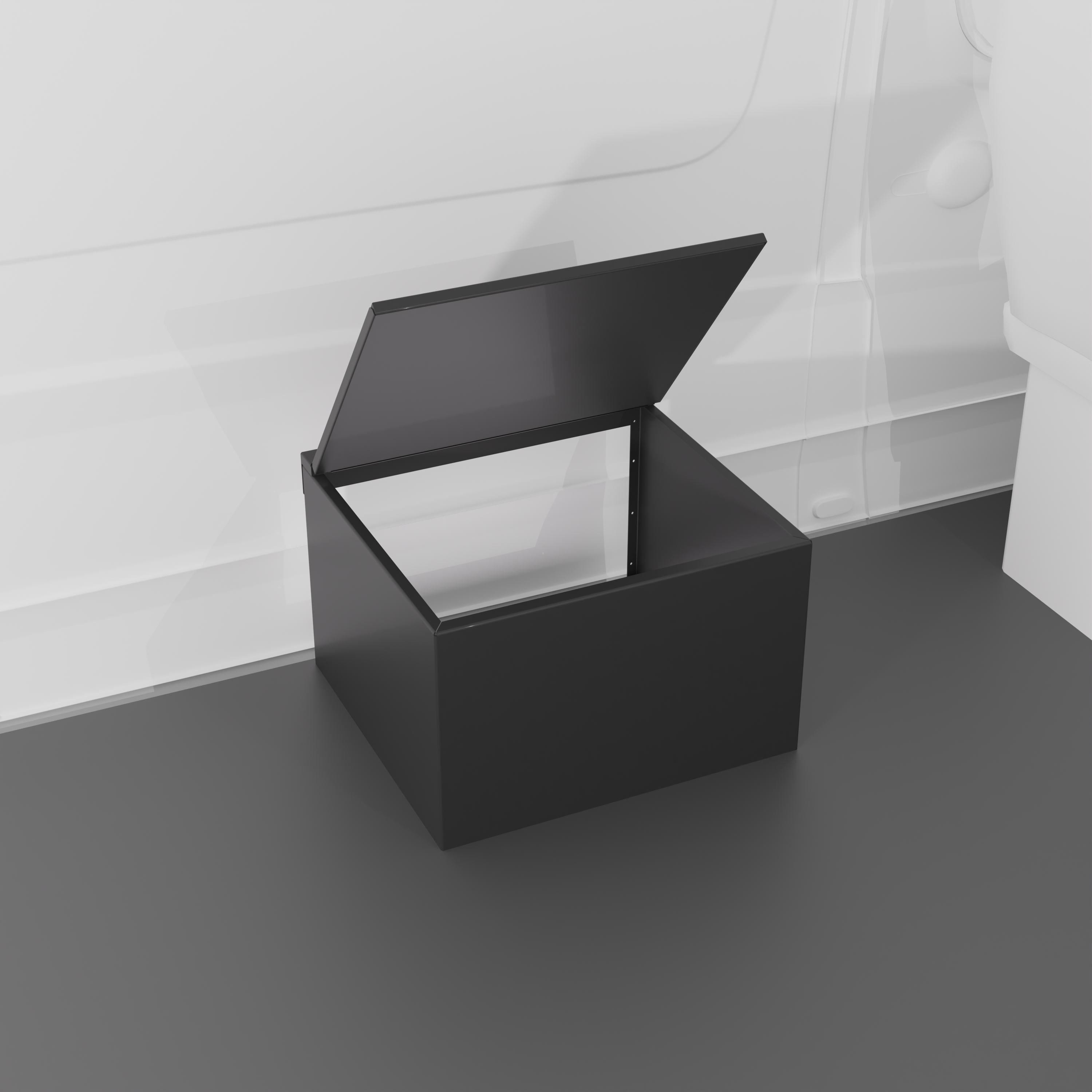 Black 24" x 22” x 16” aluminum storage bench with flip-top lid installed in a van interior.
