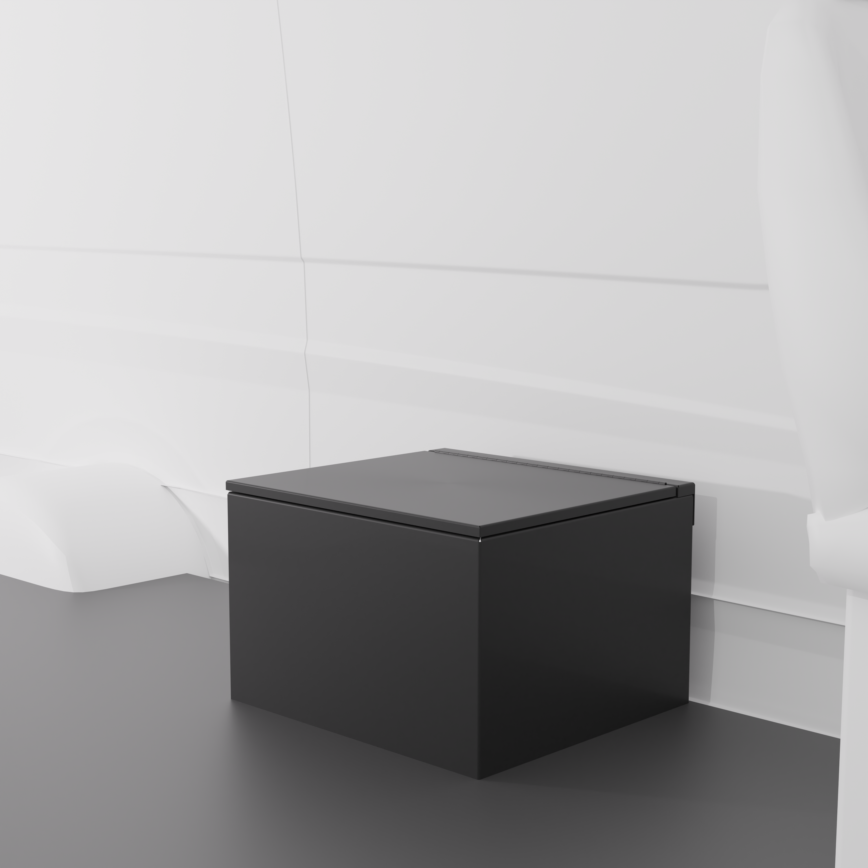 Black 24" x 22” x 16” aluminum storage bench with flip-top lid installed in a van interior.
