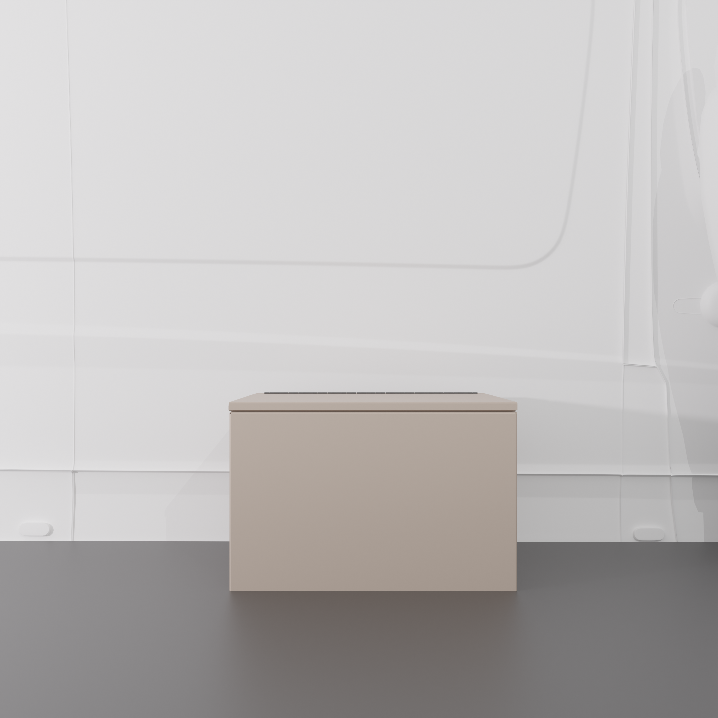 Sandstone 24" x 22” x 16” aluminum storage bench with flip-top lid installed in a van interior.
