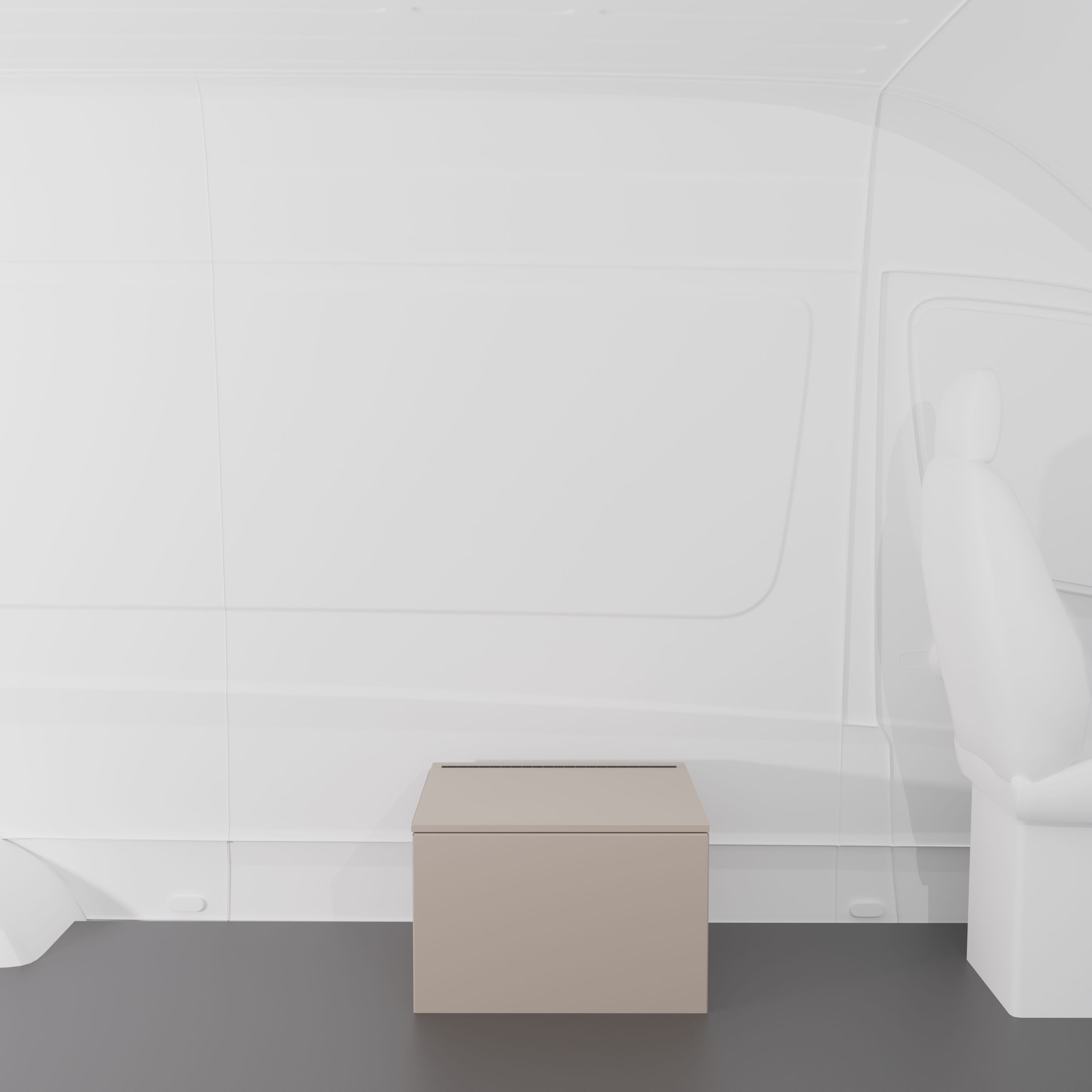 Sandstone 24" x 22” x 16” aluminum storage bench with flip-top lid installed in a van interior.
