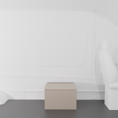 Sandstone 24" x 22” x 16” aluminum storage bench with flip-top lid installed in a van interior.
