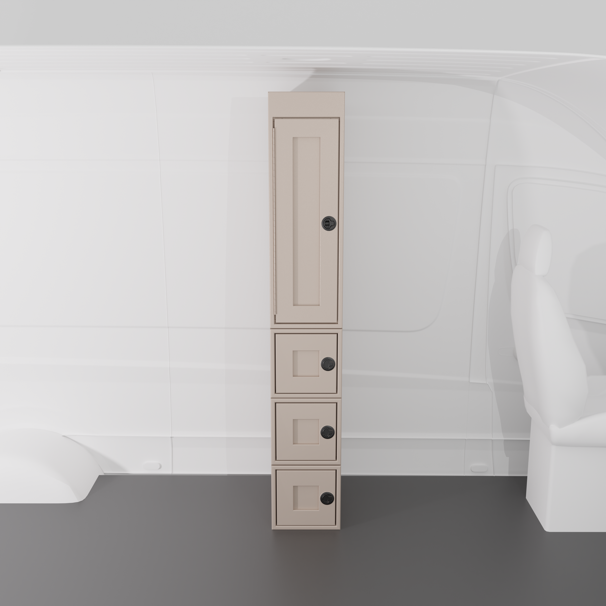 Sandstone 12-inch wide vertical aluminum upper van closet showing a single shaker-style door with flush slam latch installed in van on top of Stackable boxes.