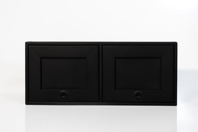 Black 36-inch wide aluminum angled upper Van Wife Components cabinet with two shaker-style doors & flush slam latches 