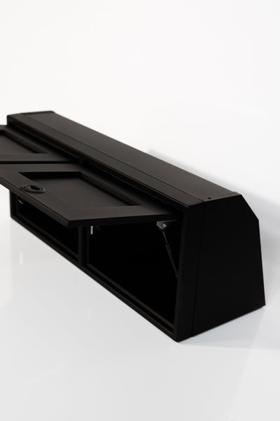 Black 36-inch wide aluminum angled upper Van Wife Components cabinet with two shaker-style doors & flush slam latches 
