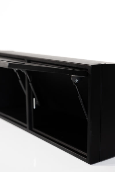 Black 36-inch wide aluminum angled upper Van Wife Components cabinet with two shaker-style doors & flush slam latches 