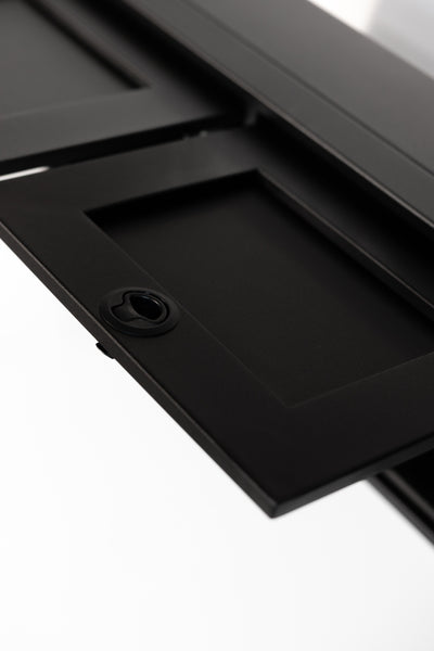 Black 36-inch wide aluminum angled upper Van Wife Components cabinet with two shaker-style doors & flush slam latches 