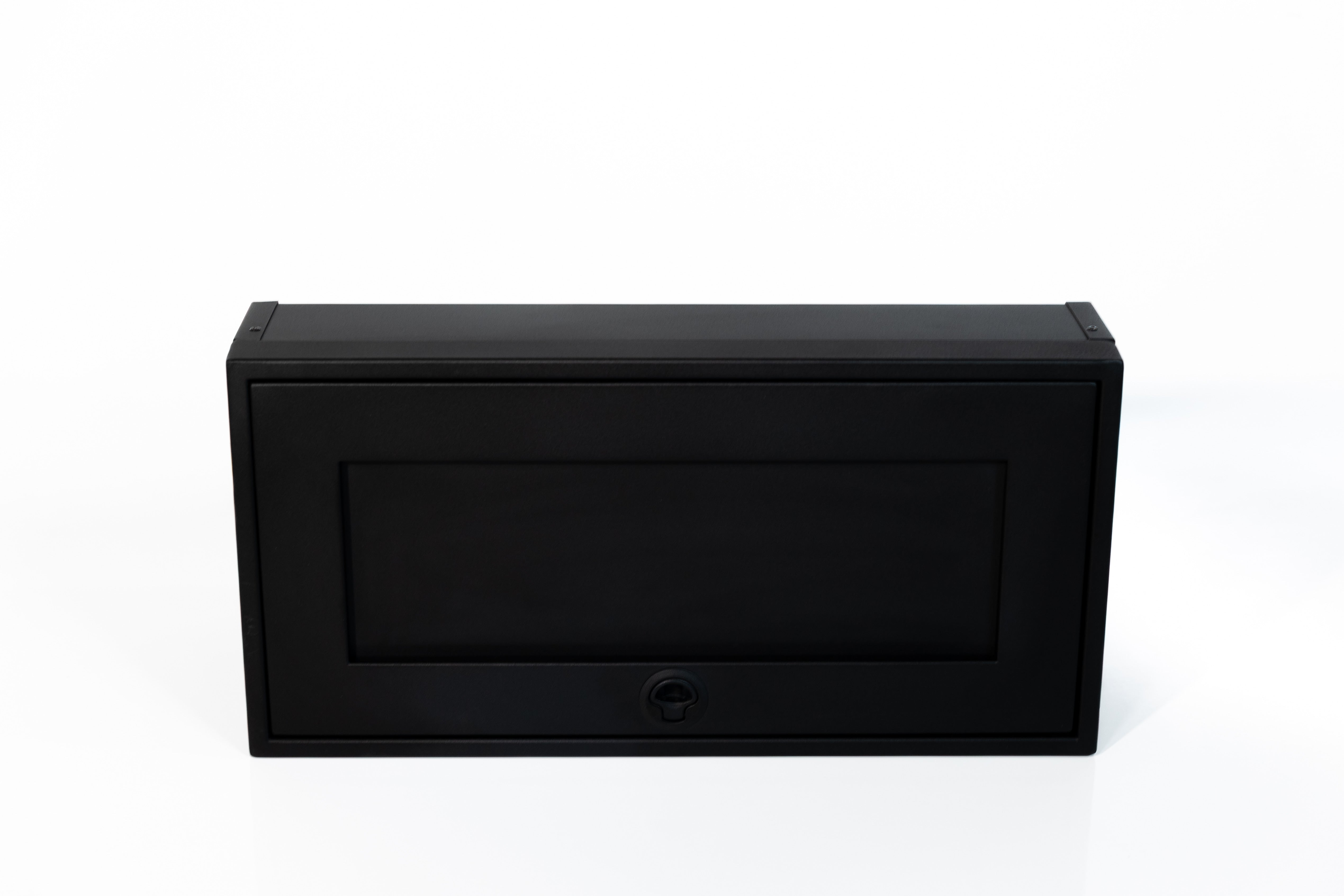 Black 30-inch wide aluminum angled upper Van Wife Components cabinet with a single shaker-style door & flush slam latch 