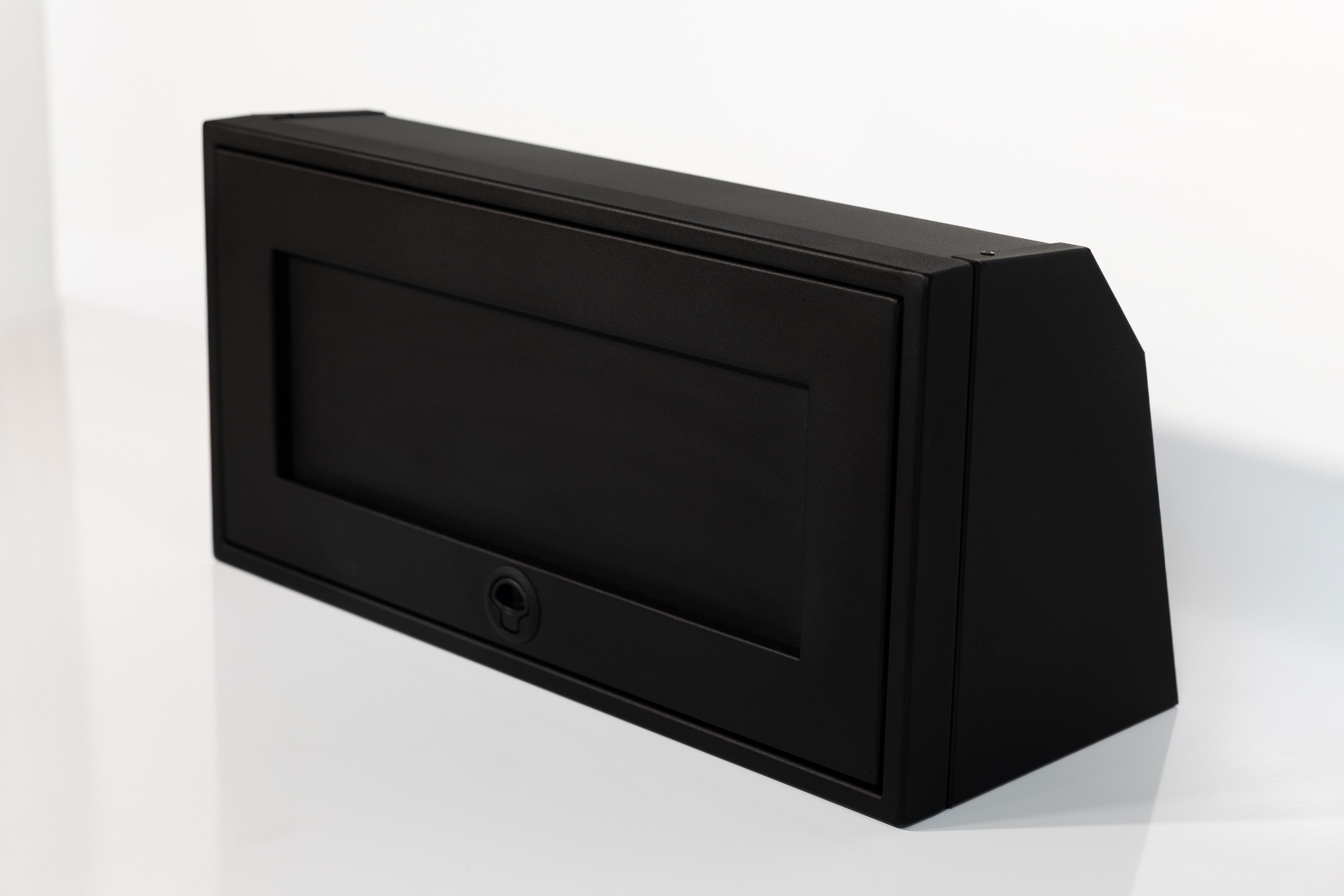 Black 30-inch wide aluminum angled upper Van Wife Components cabinet with a single shaker-style door & flush slam latch 