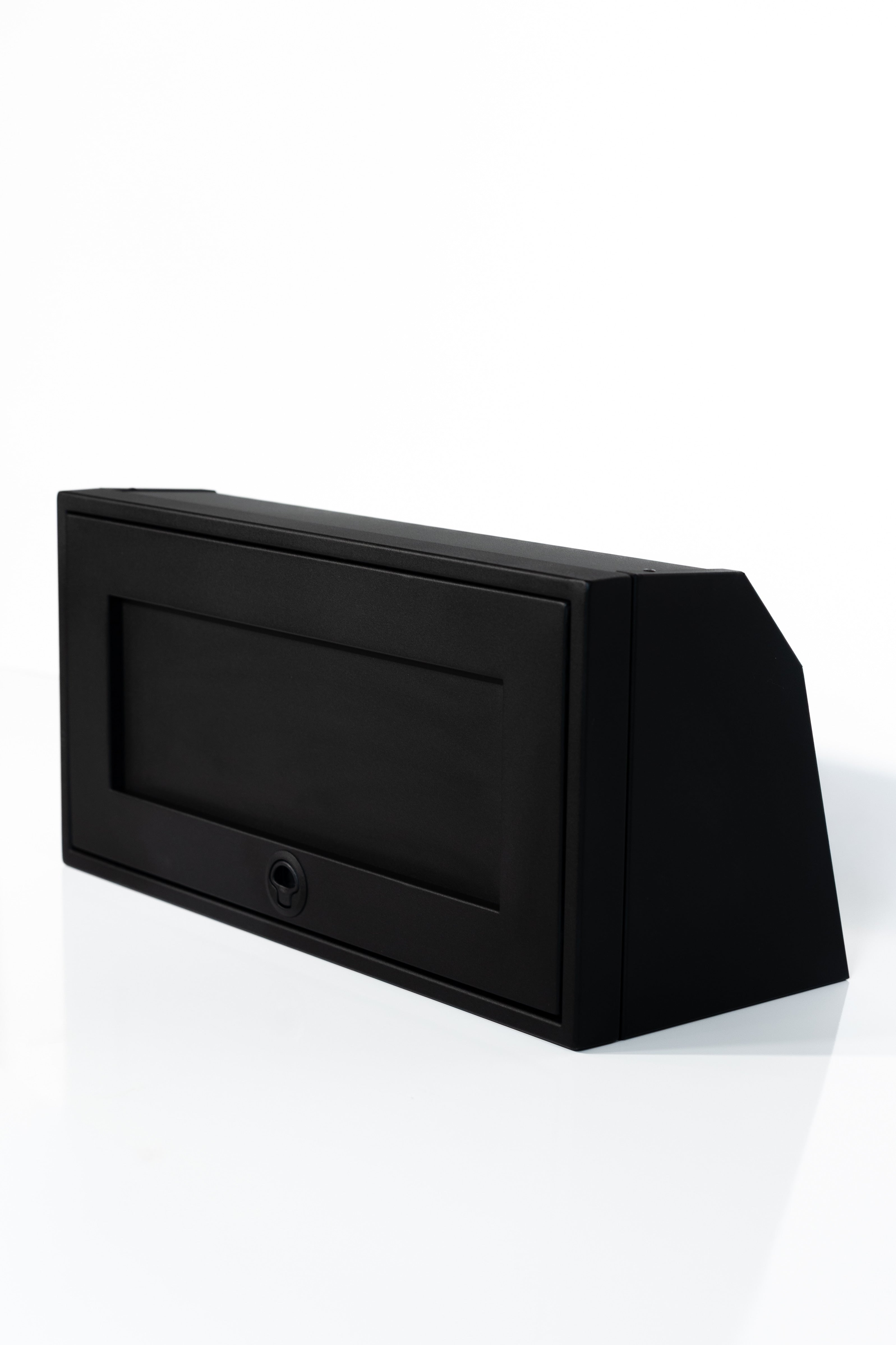 Black 30-inch wide aluminum angled upper Van Wife Components cabinet with a single shaker-style door & flush slam latch 