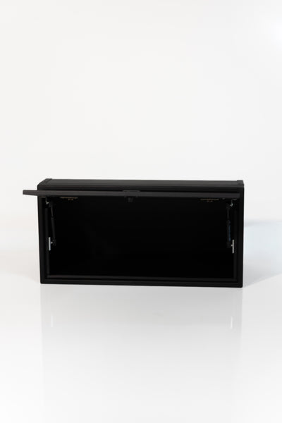 Black 30-inch wide aluminum angled upper Van Wife Components cabinet with a single shaker-style door & flush slam latch 